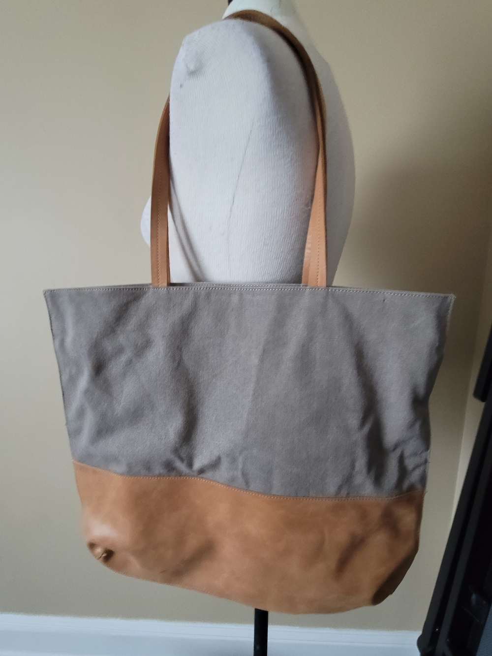 Hearth & Hand Gray Canvas and Tan Leather Tote